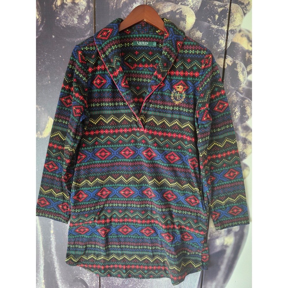 Lauren Ralph Lauren Women Fleece Fair Isle Nightshirt Crest Logo Multicolor‎ L